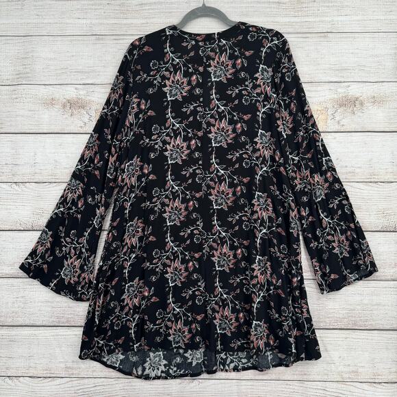 Others Follow Floral Shirt Mini Dress Womens Large Black Pink V-Neck Button Neck - Picture 2 of 10
